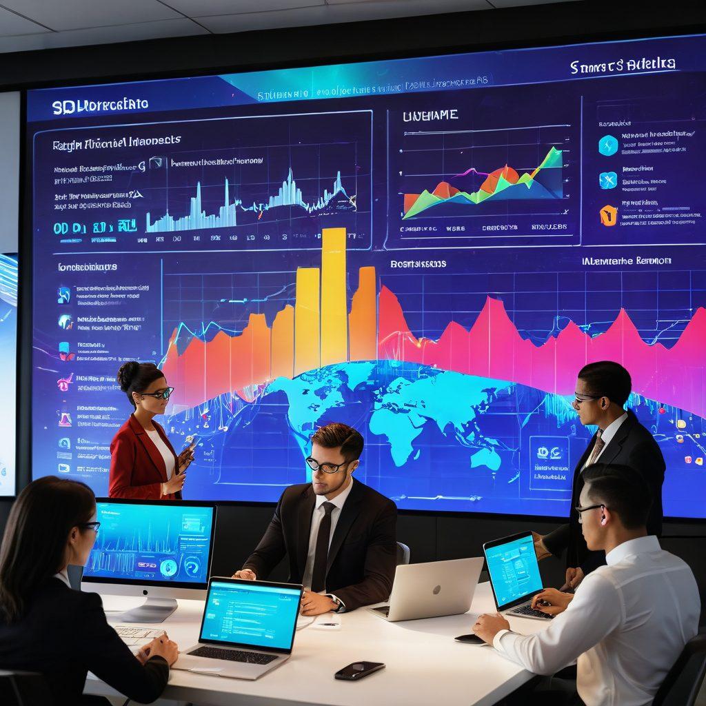 A futuristic landscape depicting a digital finance dashboard, featuring a diverse group of individuals interacting with sleek devices, analyzing their finances. The background showcases symbolic icons representing smart money management, such as graphs, currency symbols, and SBI logos, all seamlessly integrated into a vibrant, tech-savvy environment. The scene should exude professionalism and innovation, reflecting expert tips in modern finance. super-realistic. vibrant colors. 3D.