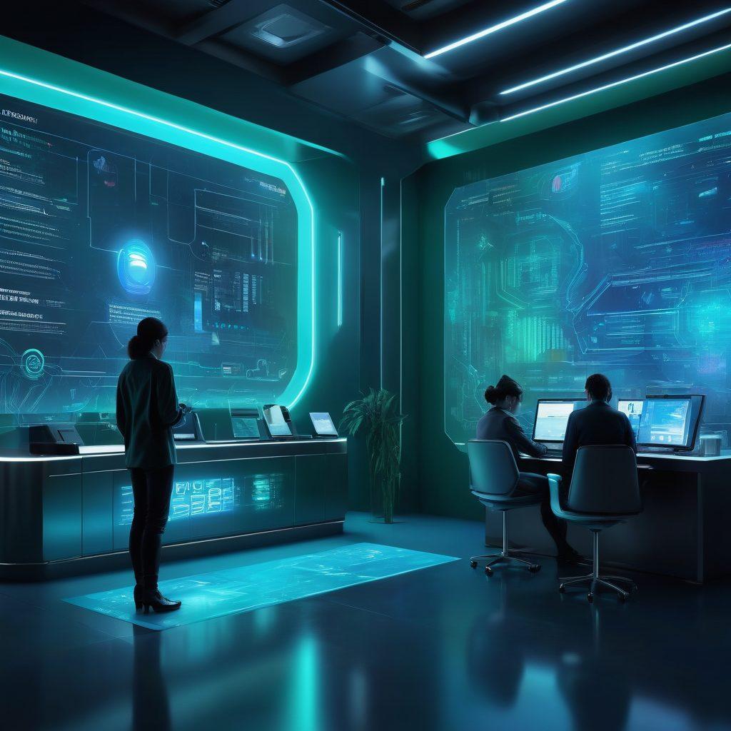 A futuristic digital banking interface showcasing SBI Net Banking features, with holographic elements displaying financial data and expert insights. The background reflects innovation with abstract shapes and glowing digital patterns. Incorporate a diverse group of people interacting with the technology, emphasizing accessibility and user-friendliness. The color scheme should be vibrant with blues and greens to convey trust and modernity. cyberpunk. vibrant colors. 3D.